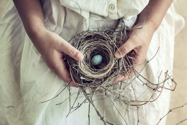 Girl Holding Blue Speckled Egg in Bird Nest on Lap